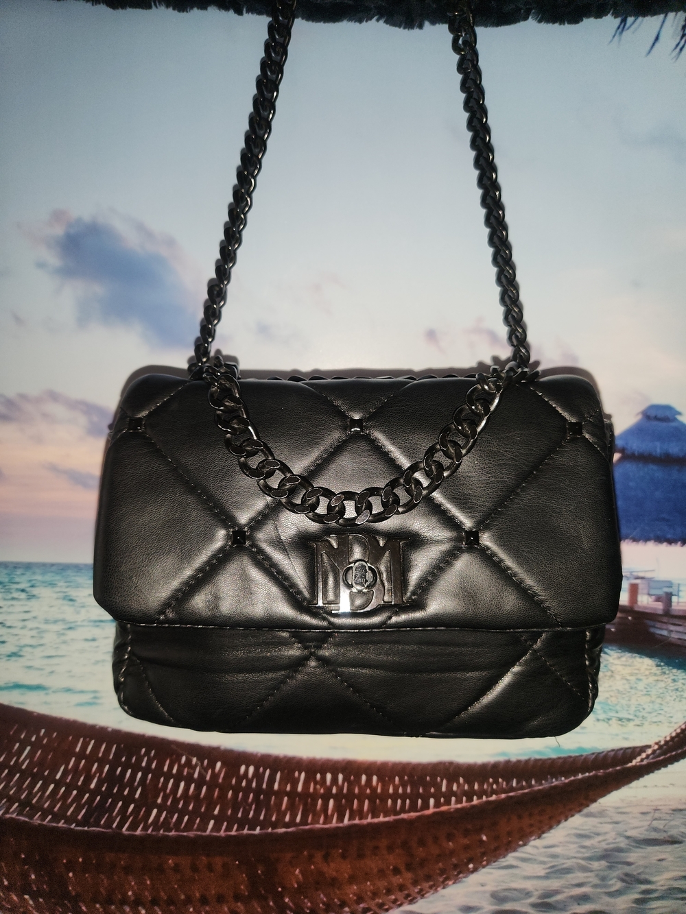 Badgley Mischka Purse Shoulder Hand Bag Black Vegan Leather Quilted Stud Chain